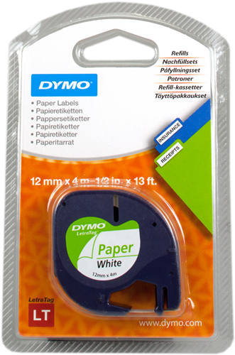 DYMO Etiquetas de papel LetraTAG 12mm x 4m Cinta mecanográfico Negro sobre blanco