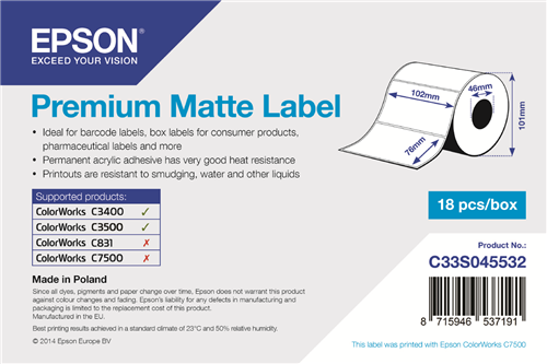 Epson Premium Matte Label - 102 x 76mm Blanco