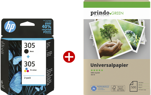 HP 305 negro / varios colores Value Pack + Prindo Green Recyclingpapier 500 Blatt